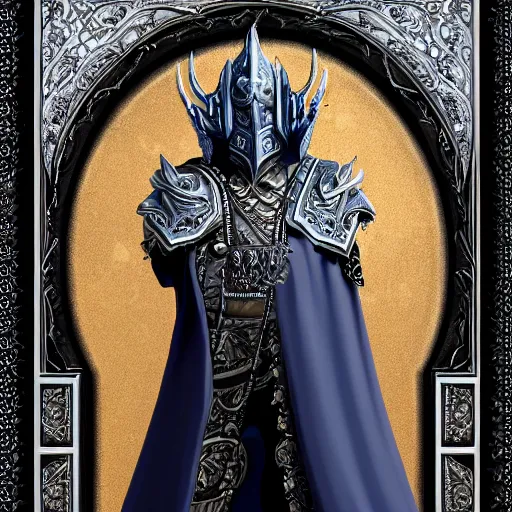 Prompt: professionally-painted ultradetailed ornate RPG award winning masterpiece illustration of beautiful symmetrical Lich King, fully clothed with black robe with silver ornates, digital airbrush painting, 3d rim light, hyperrealistic, artstation, cgsociety, kodakchrome, golden ratio