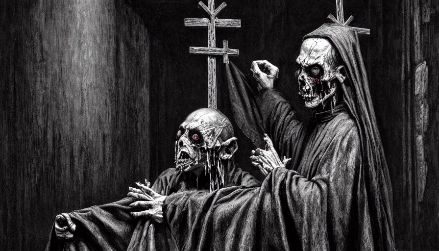 Prompt: dark rotting priest conducts rite of baptism, death church, blood, crosses, religion, death, fear, horror, ultra realistic, hyperrealism, perfect faces, fine details, detailed and intricate environment, by barlowe, by wayne, by gigger, 4 k