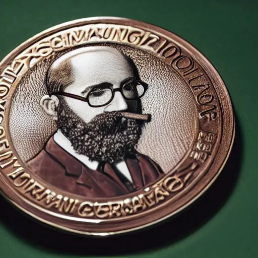 Prompt: A photograph of an unwrapped high quality swiss chocolate coin that is engraved with a portrait of a young bearded leon redbone smoking a cigar, highly detailed, close-up product photo, depth of field, sharp focus, appetizing, foil nearby
