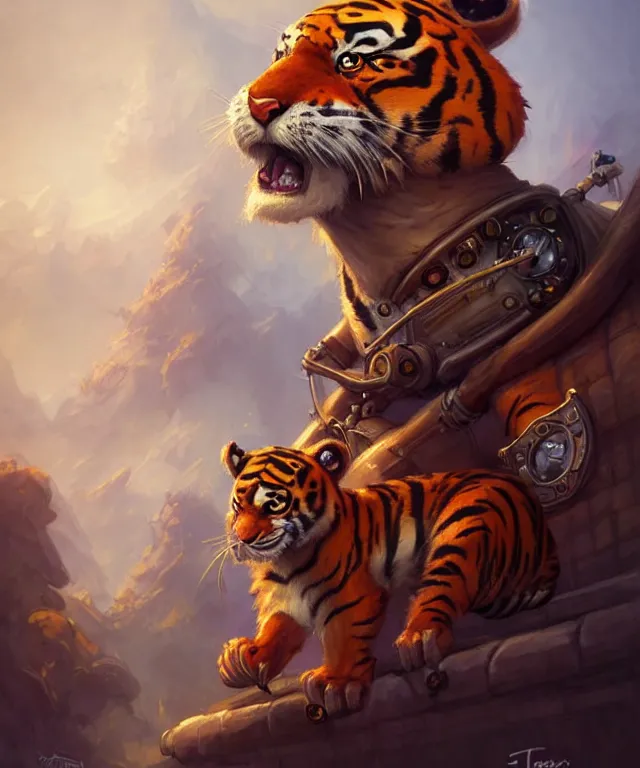 Prompt: a portrait an anthropomorphic steampunk tiger driving a train, landscape in background, cute and adorable, dnd character art portrait, well rendered matte fantasy painting, deviantart artstation, by jason felix by steve argyle by tyler jacobson by peter mohrbacher, cinematic lighting