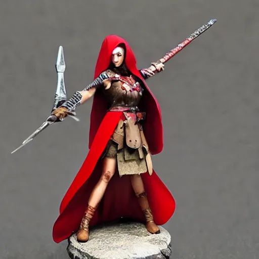 Image similar to long shot photo of a red riding hood valkyrie warrior