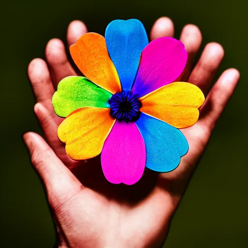 Image similar to closeup photo of rainbow - colored flower with 7 petals, held by hand, shallow depth of field, cinematic, 8 0 mm, f 1. 8