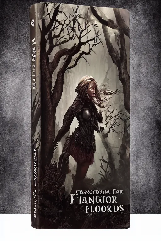 Prompt: dramatic dark forest scenery, girl with fangs in hide leather armor, D&D book-cover