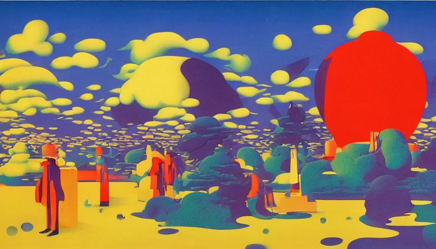 Image similar to Japan travel and tourism c2050, surrealist psychedelic painting in the style of Oxygene, Magritte, Roger Dean, Yoshio Awazu, vivid color