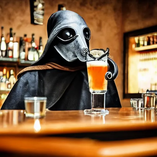 Image similar to plague doctor sitting at a bar with his drink empty, award winning photograph