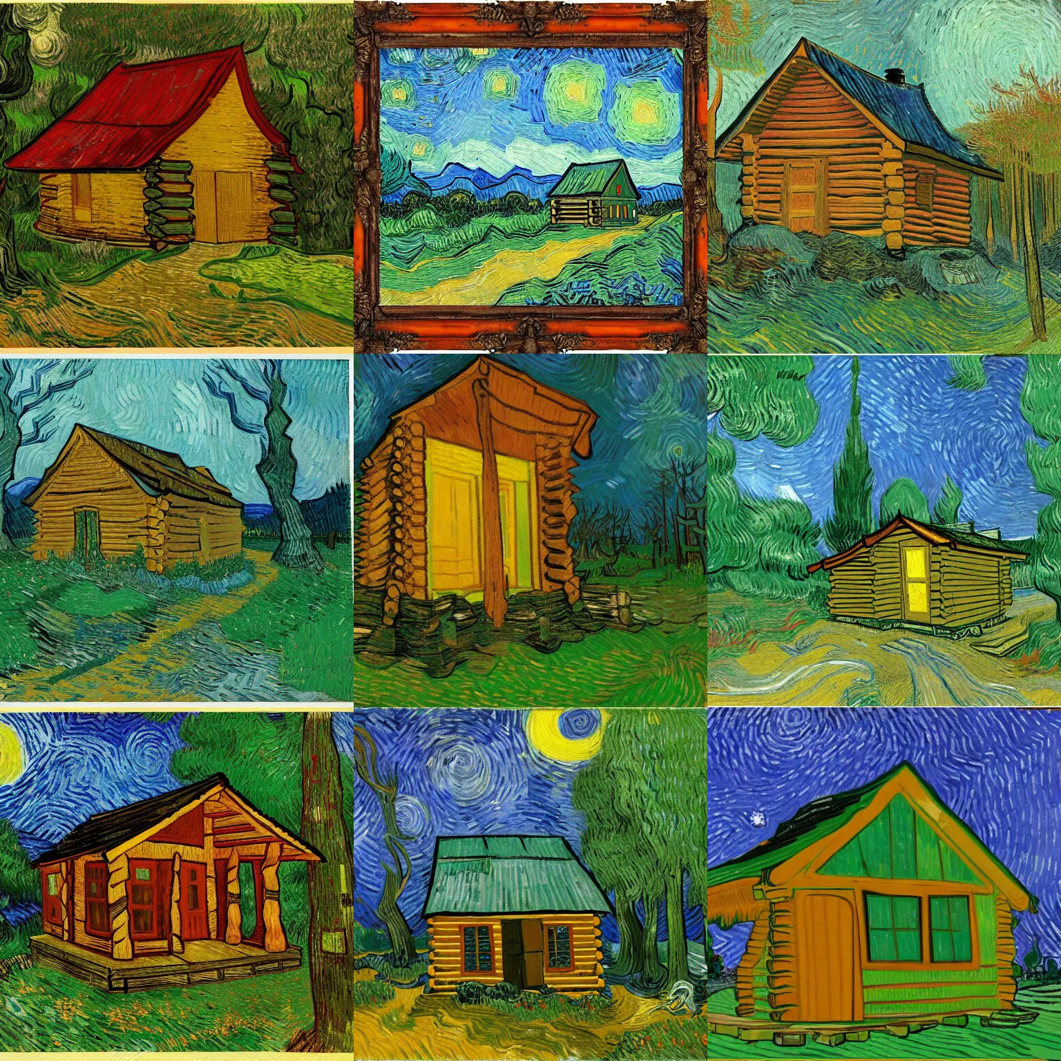 Prompt: [ a log cabin in the forest ] [ van gogh ] [ deviantart ]