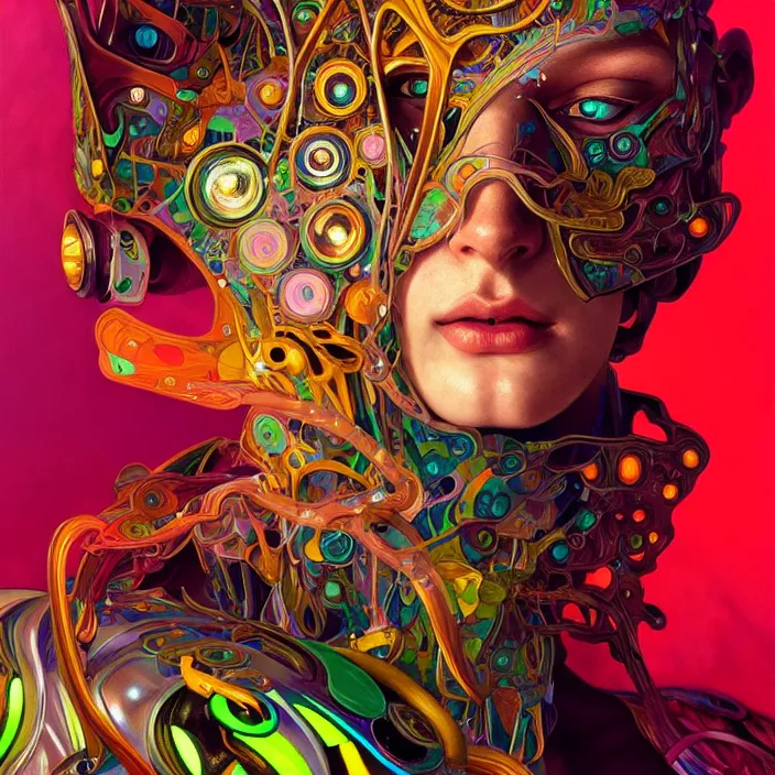 Prompt: bright psychedelic portrait of organic cyborg animal, diffuse lighting, fantasy, intricate, elegant, highly detailed, lifelike, photorealistic, digital painting, artstation, illustration, concept art, smooth, sharp focus, art by John Collier and Albert Aublet and Krenz Cushart and Artem Demura and Alphonse Mucha