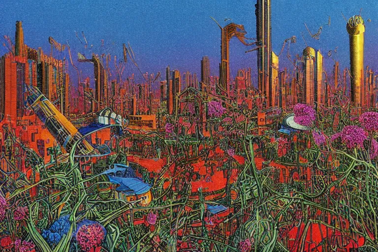 Prompt: hyperrealism, scene from, onix skyscrapers, supernova, church, tornado of fire, blue grass, thunderstorm, starship, junkyard, louisiana swamps, neon blooming flowers garden, 8 k, 8 0 s japanese sci - fi books art, artwork by jean giraud