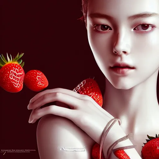 Image similar to the portrait of an absurdly beautiful, graceful, elegant, sophisticated, fashionable young gravure idol made of strawberries and white petals, an ultrafine hyperdetailed illustration by kim jung gi, irakli nadar, intricate linework, bright colors, octopath traveler, final fantasy, unreal engine 5 highly rendered, global illumination, radiant light, detailed and intricate environment