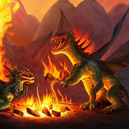 Image similar to dragons roasting kebabs near campfire, fire, magic, power metal album cover, fantasy epic legends game icon stylized digital illustration radiating a glowing aura global illumination ray tracing hdr fanart arstation by ian pesty and katarzyna da „ bek - chmiel