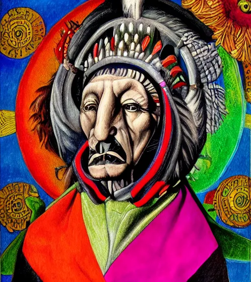 Prompt: Portrait painting in a style of Hieronim Bosch of an old shaman dressed in a colorful traditional clothes. Psychodelic
