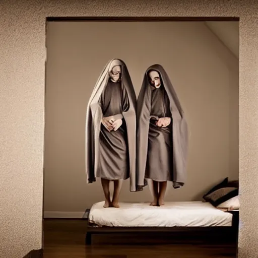 Prompt: award winning photo,two Hovering twin nuns, in a bedroom hovering off the ground, wearing pointed hoods, buxom chested, blindfolded, wearing translucent veils, see through dress, Very long arms, bedroom, wood door, eerie, frightening, highly detailed, photorealistic, colorized —width 1024 —height 1024