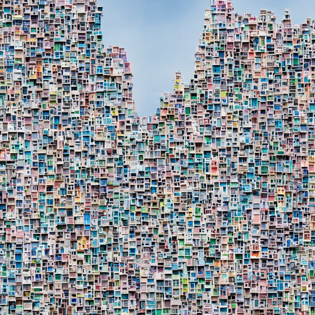 Image similar to close - up towers made up of colourful squatter housing, bleached colours, plain uniform off white sky, dystopia, mamiya, very detailed, ultra sharp, photographed by john chiara