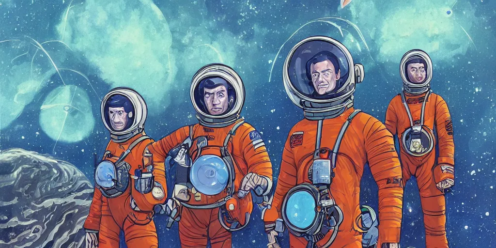 Image similar to a portrait of stallone and van damm pilots in spacesuit on field forrest spaceship station landing laying lake artillery outer worlds in FANTASTIC PLANET La planète sauvage animation by René Laloux