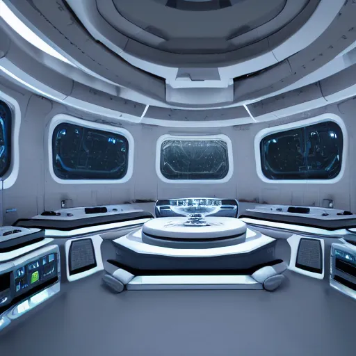 Prompt: flight deck inside a sci-fi spaceship escape pod that is a mind temple for meditation and discovery of secret knowledge. clean white interior, large window to view outer space, raytraced, corona render, 4k