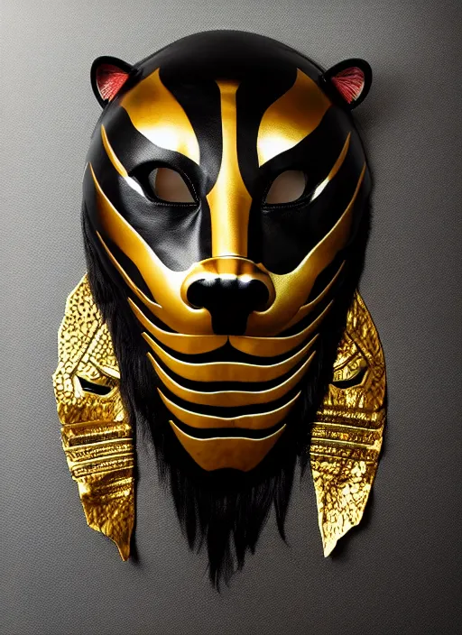 Prompt: samurai tiger mask, product photography, deep black background, fantasy, highly detailed, texture, shimmering, wlop, concept art, digital art, symmetrical features, golden-ratio, canvas, Wangechi Mutu, artstation, rule of thirds