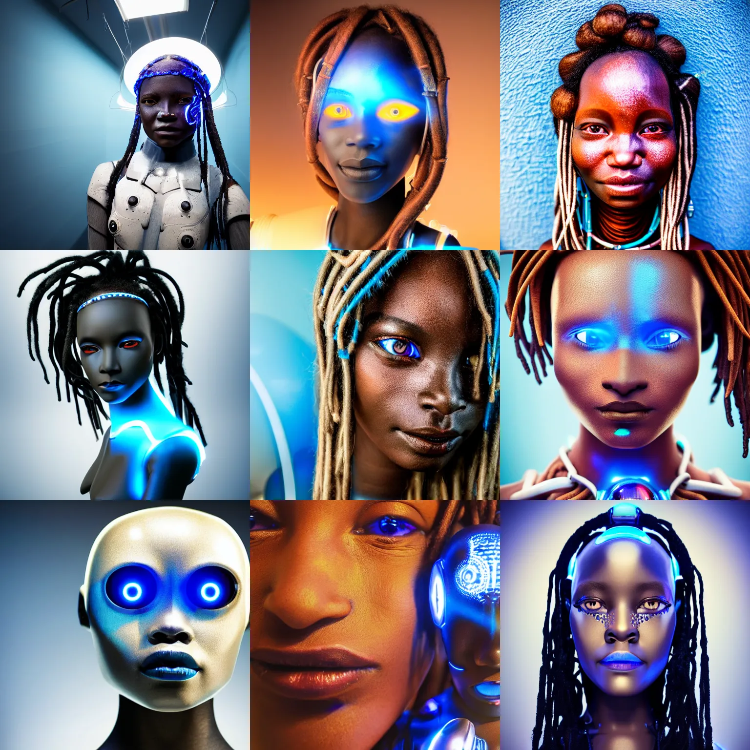 Prompt: beautiful futuristic himba woman smirking, glowing white mechanical eye, robotic prosthetic arm, blue glass dreadlocks, hyperrealistic, sci - fi, dramatic lighting, intricate, soft focus