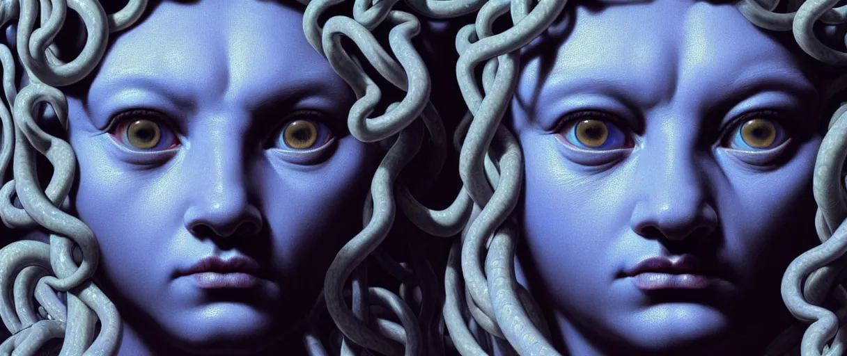 Prompt: hyperrealistic highly detailed close-up portrait of a Rubensian blue rococo medusa with 8 round cat eyes sharp concept art wayne barlowe cinematic lighting 8k low angle shallow depth of field