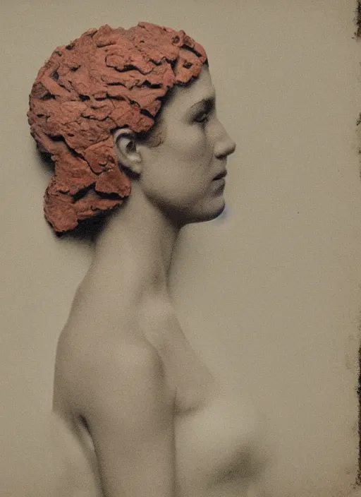 Image similar to a woman's face in profile, made of coral, in the style of the Dutch masters and Gregory Crewdson, dark and moody