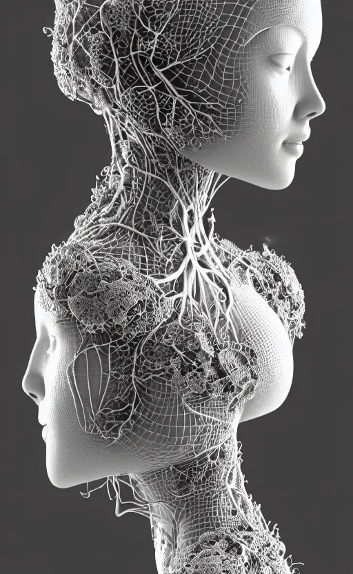 Prompt: complex 3d render of a beautiful profile woman face, vegetal dragon cyborg, 150 mm, beautiful natural soft light, rim light, silver details, magnolia stems, roots, fine lace, maze like, mandelbot fractal, anatomical, facial muscles, cable wires, microchip, elegant, highly detailed, white metallic armour, octane render, black and white, H.R. Giger style