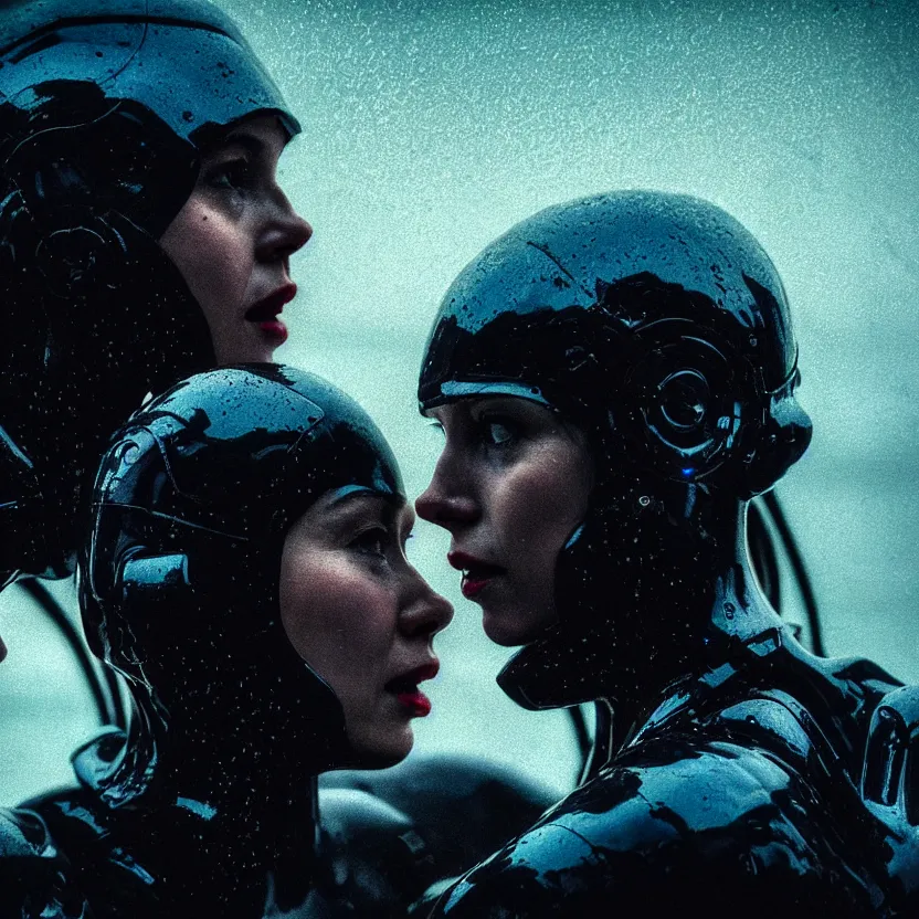 Image similar to cinestill 5 0 d candid photographic portrait by christopher nolan of two loving female androids sobbing wearing rugged black mesh techwear in treacherous waters, flooded city, helicopter, medium closeup, modern cyberpunk moody emotional cinematic, pouring iridescent rain bright spotlight, 8 k, hd, high resolution, 3 5 mm, f / 3 2, ultra realistic faces, ex machina