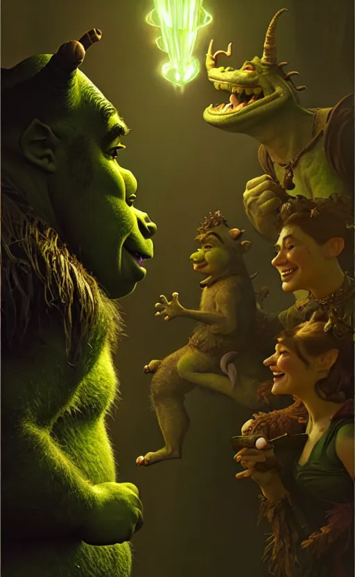 Image similar to shrek dragon gorgeous lighting by weta studio, mucha, bautista and norman rockwell and greg rutkowski and tom bagshaw and james gurney and lucasfilm