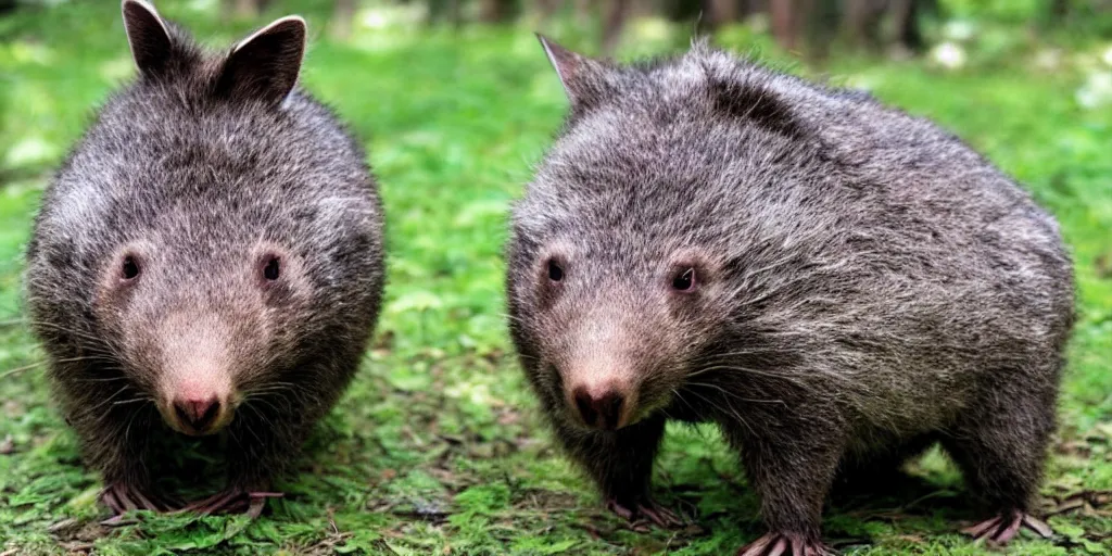 Image similar to a mythical wambot creature, half wombat and half robot, cute, lethal, forest dweller