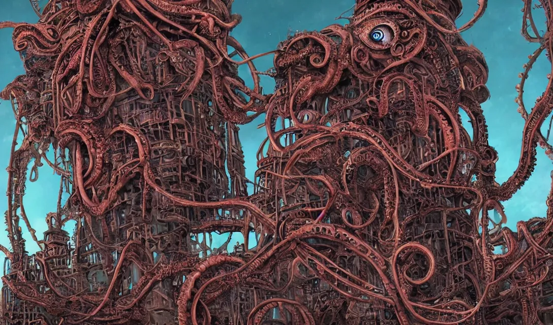 Image similar to lovecraftian biomechanical machine-tower with fleshy tendrils and eyeball at top overlooking dystopian wasteland, highly detailed, colorful with red hues