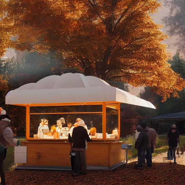 Image similar to pumpkin headed people ordering coffee at a coffee stand, maple trees with fall foliage, woodstock vermont, volumetric, realistic, cinematic lighting, ray tracing, unreal engine 5, octane render, hyper realistic, photo, 8 k