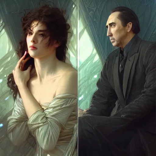 Prompt: Nicholas Cage, cinematic lighting, intricate, elegant, highly detailed, digital painting, artstation, smooth, sharp focus, illustration, art by artgerm and greg rutkowski and alphonse mucha and Wayne Barlowe and william-adolphe bouguereau