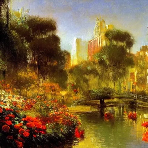Prompt: a very beautiful eco - friendly environmental future city cityscape, lots of plants and flowers, sunrise, style of olidon redon