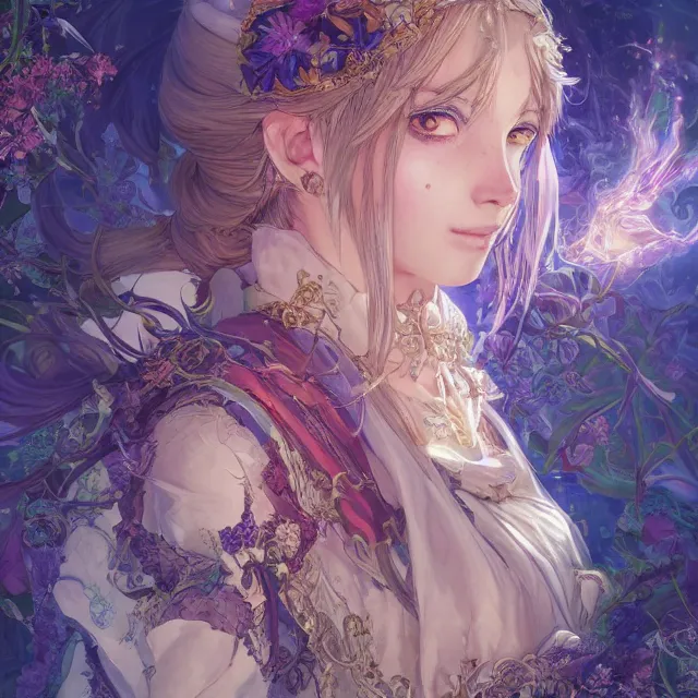 Image similar to the portrait of chaotic good female druid alchemist as absurdly beautiful, gorgeous, elegant, young anime girl, an ultrafine hyperdetailed illustration by kim jung gi, irakli nadar, intricate linework, sharp focus, bright colors, octopath traveler, final fantasy, unreal engine 5 highly rendered, global illumination, radiant light, detailed and intricate environment