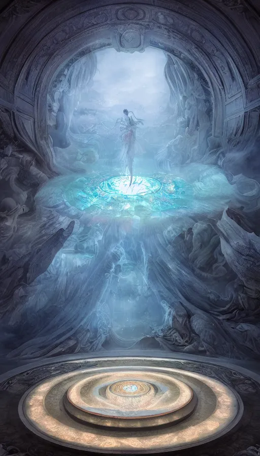 Prompt: goddess of illusion, beautiful, stunning, breathtaking, mirrors, glass, magic circle, magic doorway, fantasy, mist, bioluminescence, hyper - realistic, unreal engine, by zeng fanzhi