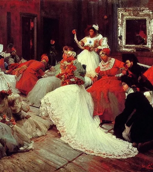 Prompt: high quality high detail painting by ilya repin, many brides in a blood flooded house, hd