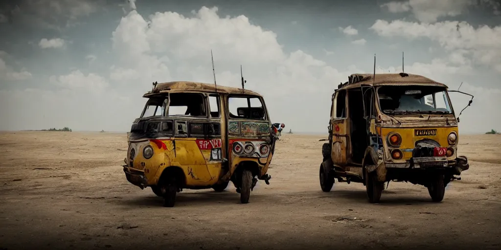 Image similar to sri lankan mad max style, driving a tuk tuk, film still, epic shot cinematography, rule of thirds