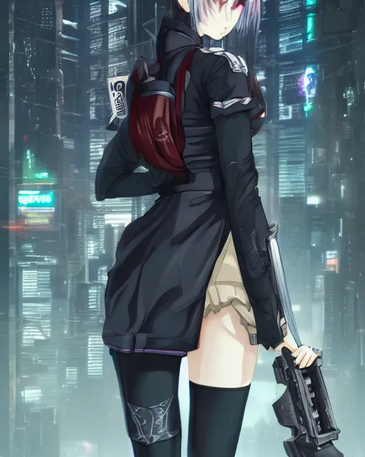 Prompt: The successful warrior is the average man, with laser-like focus, artwork by artgerm, anime, cyberpunk streets in Japan, holding a glock, elegant, seductive, long white hair, knee high socks, extra short blue plaid skirt, white blouse, full shot, wide-shot, long-shot, fantasy, mystical, magical