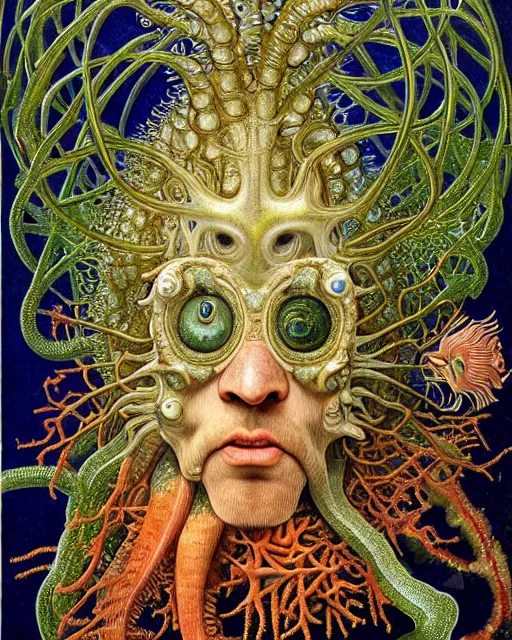 Image similar to hyperrealistic detailed underwater face portrait of the beautiful god of the fish with an intricate headgear of corals, sea kelp, sea plants, fish, starfish, jellyfish, art by ernst haeckel, hieronymus bosch, james jean, gothic, neo - gothic, ornamental, beautiful deep colours,