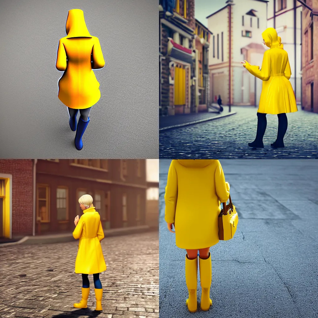 Prompt: Beautiful blonde woman dressed in yellow raincoat and yellow rubber boots walks in smal town in Finland, mobile game style, blender 3d,