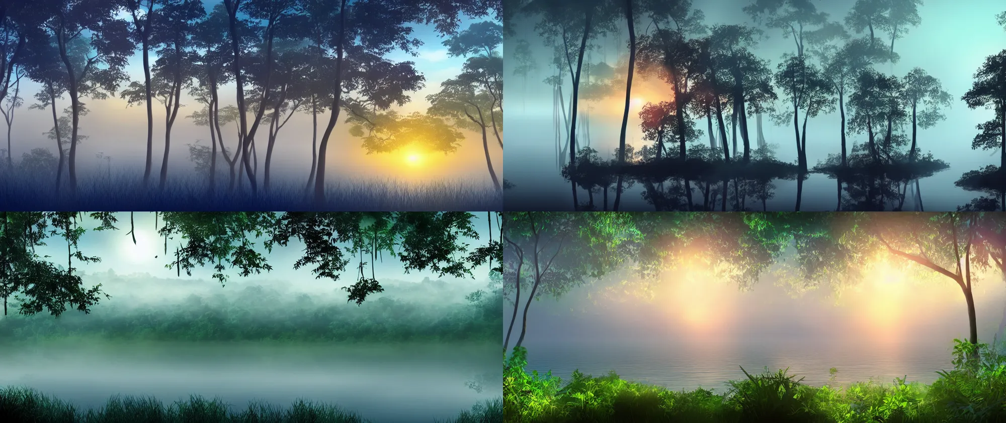 Prompt: backlight on forest trees, fog in lake , jungle by the sea , sunset 2d animation background panorama by disney