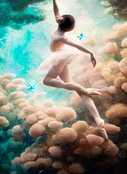 Image similar to stunningly beautiful, asian prima ballerina at the bottom of the great barrier reef, smooth, focus, highly detailed, hyper realistic, dramatic lighting, elegant, intricate, concept art, art by wlop, mars ravelo, greg rutowski