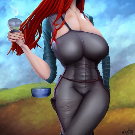 Image similar to redhead alchemist is inflated an experiment gone wrong. her clothes are stretched tightly around her body and she's about to burst. photorealistic full body image