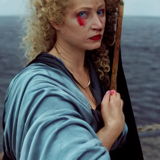 Image similar to a woman looking sick and curled up in a ball on the deck of a ship, a beautiful english woman with a long face narrow nose pale skin blue eyes red lips and wild messy tangles of curly white blonde hair, high resolution film still wearing a black robe and skull necklace and holding a spear, sandy, a journey to the west