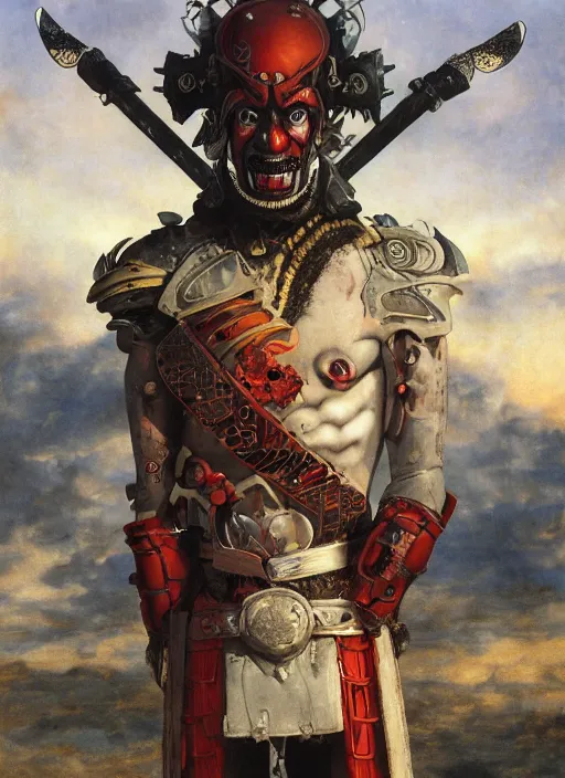 Image similar to portrait of a diabolical cyborg clown samurai, torn cape, adaptive armor, dynamic pose, heavy eyes to the side, ancient ruins, glowing veins subsurface scattering, in clouds, sunset, portrait, by gerald brom, by mikhail vrubel, by peter elson, muted colors, extreme detail, reflections, trending on artstation, 8 k