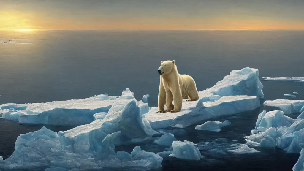 Image similar to the most beautiful panoramic landscape, oil painting, where a giant iceberg is lost in the frozen artic ocean, a giant polar bear is exhaling steam while walking over the iceberg, the frozen artic ocean is reflecting the giant polar bear and the ray lights of the sunrise are brightening him, by greg rutkowski