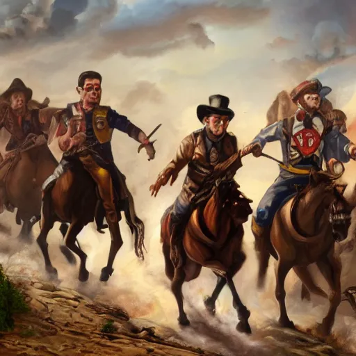 Prompt: Gideon Gleeful gravity falls leading a cavalry charge, oil painting, realistic, 4K, painting, dramatic, historical