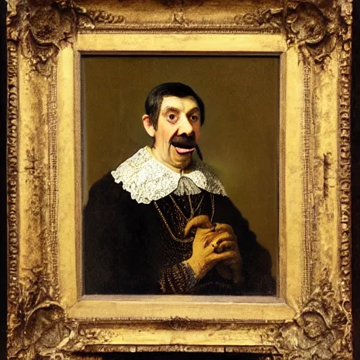 Prompt: A portrait of Mister Bean eating a banana, painted by Rembrandt.