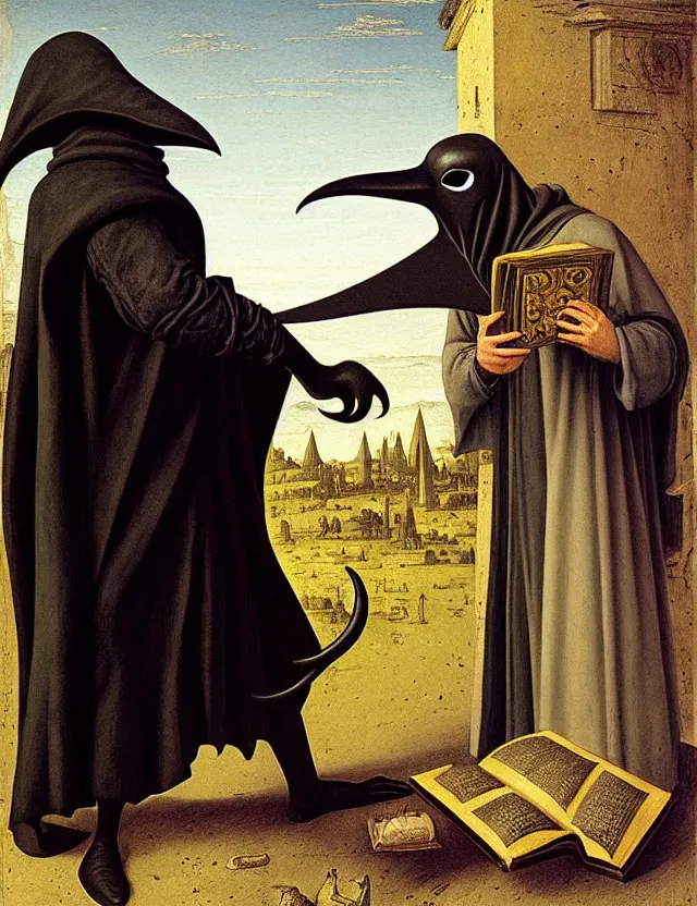 Prompt: plague doctor holding a giant book, as a matte oil painting and d & d character art, by giovanni bellini, standing, fullbody, floating bubbles, loose pages, concept art, award - winning, extremely detailed, sharp focus