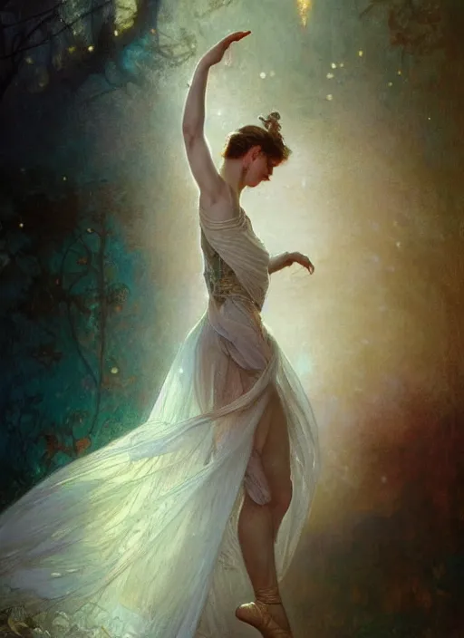 Image similar to a beautifull intricate pastel painting of a dancing ballerina, reflexions, verry high details by william turner art, greg rutkowski and alphonse mucha, trending on artstation, very very detailed, masterpiece, muted colors