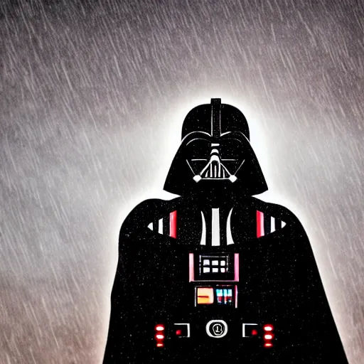 Prompt: darth vader screaming to the sky, fine details, heavy rain, 8 k, shallow depth of field, moody lighting, cinematic lighting,