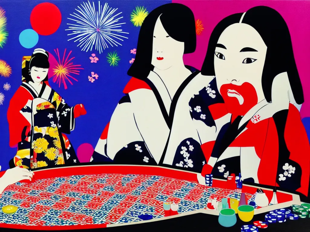 Image similar to hyperrealistic composition of the woman in a japanese kimono sitting at a poker table with darth vader, fireworks, mount fuji on the background, pop - art style, jacky tsai style, andy warhol style, acrylic on canvas